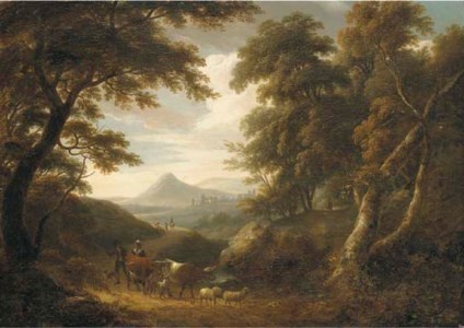 A wooded landscape, with figures and livestock on a path and ruins beyond