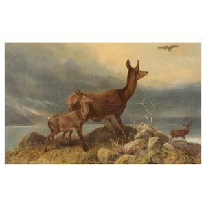 Richard Ansdell, RA (British, 1815-1885) Two deers and a stag in a landscape