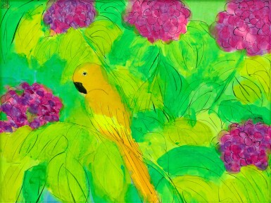 Walasse Ting 丁雄泉 | Parrot with flowers 鸚鵡與花