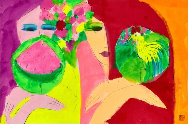 Walasse Ting 丁雄泉 | Two ladies with fans 雙美執扇圖