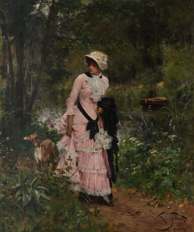 Dame en robe rose promenant son chien