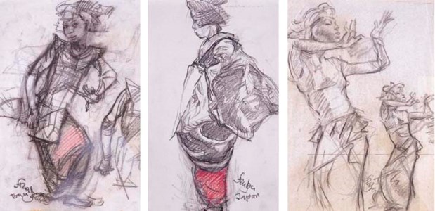 Drawings of various dancing postures and profiles: Dancing girl with a fan; Portrait of a Japanese woman and Two Balinese girls dancing
