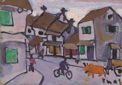Street scene with cyclist and bull-cart