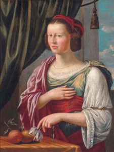 Portrait of a lady, standing half-length by a table