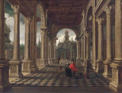 An architectural capriccio with elegant company