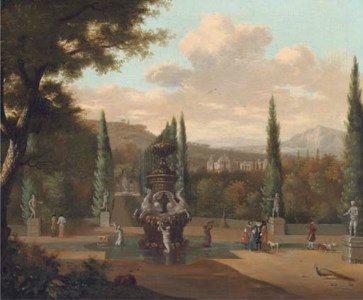 Elegant figures walking in the garden of a palace