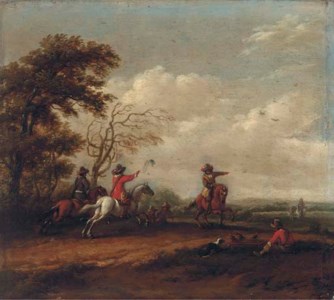 A wooded landscape with a hawking party
