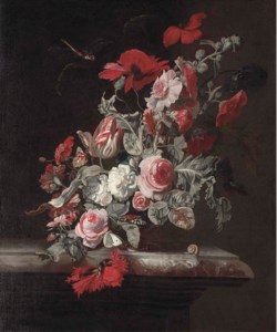 Roses, a parrot tulip, poppies, carnations and other flowers in an urn with a dragonfly, butterflies and a snail on a marble ledge