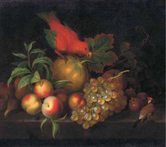 A melon, peaches, grapes, medlars and other fruit with a parrot and a goldfinch on a ledge