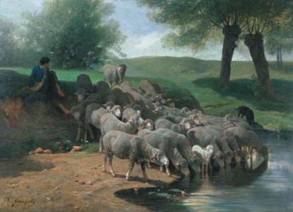 Un berger se reposant avec ses moutons