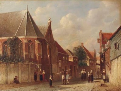 Figures by a church in a Dutch village