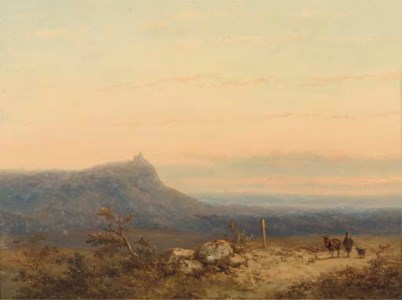 A traveller in an extensive landscape at dusk