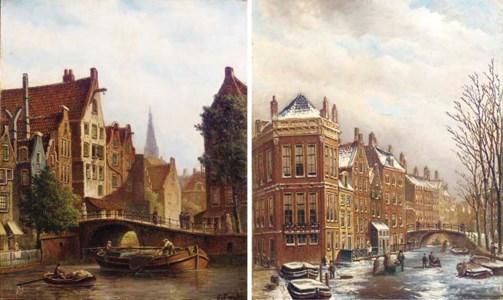 A Dutch canal scene in summer; and Figures on a frozen canal in a Dutch town
