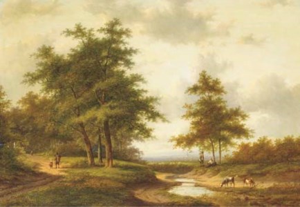 Figures resting by a ford, a town in a valley beyond