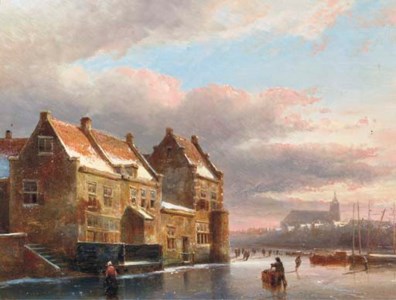 Figures on a frozen city canal at dusk