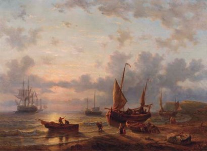 A French coastal scene with fishermen working at dusk
