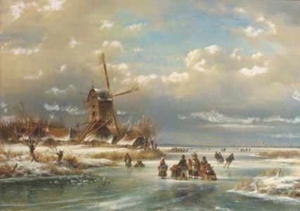 Figures on a frozen river by a windmill