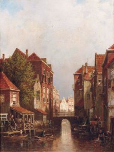 Figures by a canal in a Dutch town