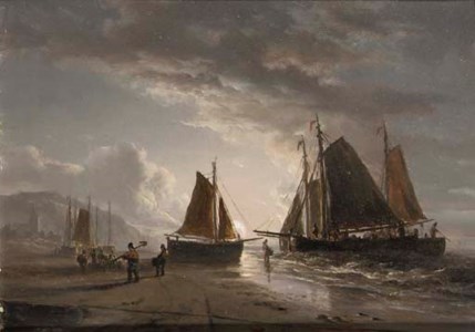 A moonlit beach with fishermen at work