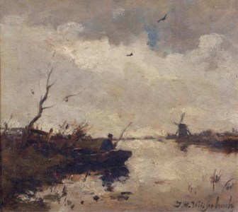 A fisherman in a polder landscape