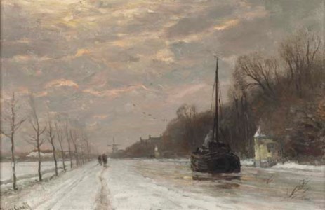 By the canal in winter at dusk