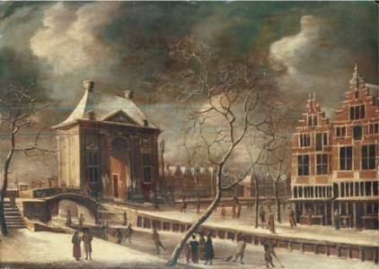 The Heiligewegspoort, Amsterdam, from the north-east in winter, with skaters on the frozen canal