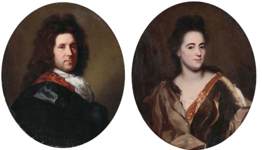 Portrait of a gentleman, bust-length, in a brocaded red jacket and black cape; and Portrait of a lady, bust-length, in a brown velvet dress and brown silk shawl