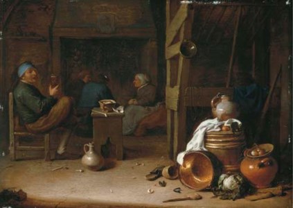 The interior of an inn with peasants drinking and conversing before a fire