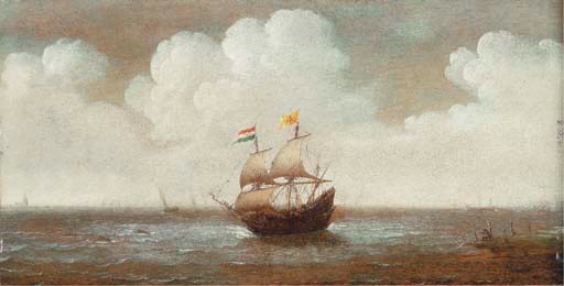 A Dutch frigate in choppy waters and a man fishing on the shore