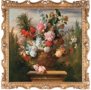 A crown imperial lily, tulips, peonies, roses, morning glory and other flowers in an sculpted urn on a plinth in a garden