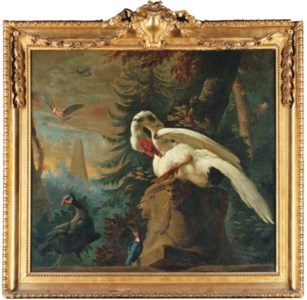 A classical wooded landscape with a muscovy duck, a guinea fowl and a kingfisher