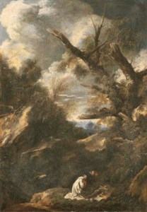 A wooded landscape with a capuchin friar adoring the Cross