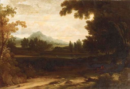 An extensive mountainous landscape with a figure resting by a tree