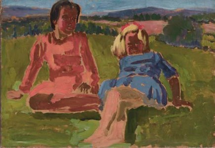 Two seated girls in a meadow