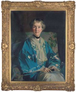 Portrait of Mrs Agnes Innes, neé Barlow, seated three-quarter-length, in a blue embroidered kimono, holding a fan