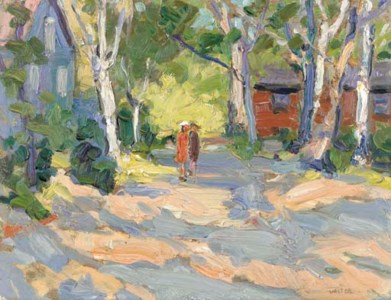 Figures on a path in a wooded landscape