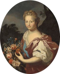 Portrait of a lady, half-length, in a burgundy dress, holding flowers, in a landscape