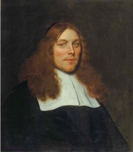 A portrait of a vicar, aged 34, bust-length, in a black costume with a white flat collar