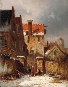 Figures conversing in a Dutch town in winter