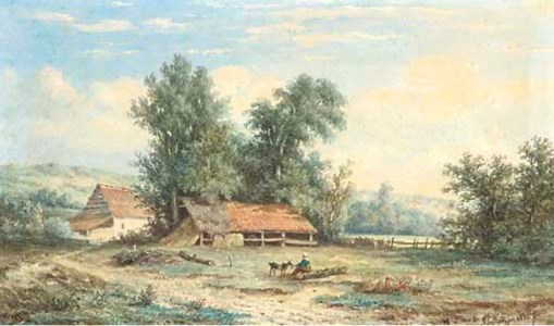 A peasant girl feeding a goat by a farm