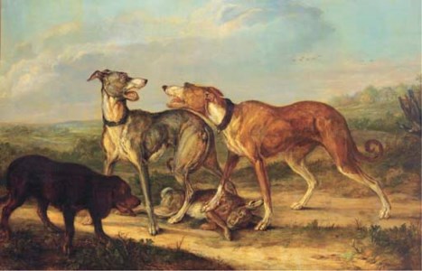 Hounds fighting over a hare in an extensive landscape