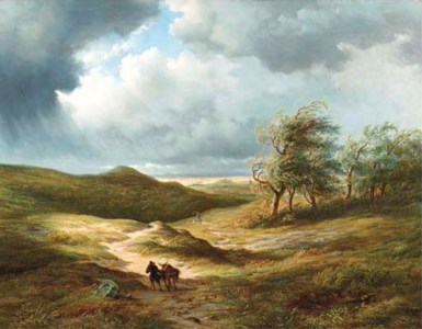 After the storm: travellers on a path in an extensive undulating landscape