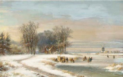Skaters on the ice by a koek en zopie , a windmill in the distance