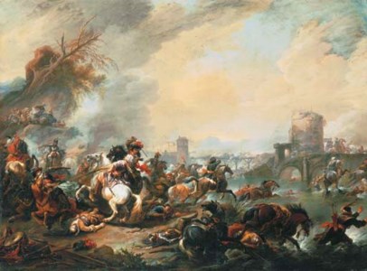 A calvary skirmish by a river, a fortress beyond