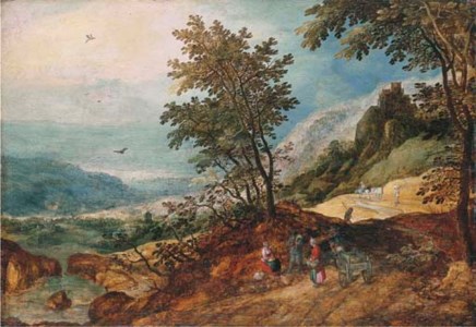 A wooded mountainous river landscape with travellers conversing on a path