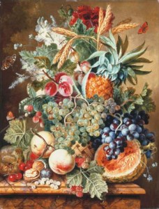 A pineapple, plums, grapes and other fruit and flowers in a basket with a melon, peaches, cherries, raspberries and other fruit on a marble ledge