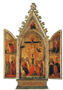 A tabernacle: the central panel: the Crucifixion; the wings extended: the Annunciation with the Archangel Gabriel and Saints Margaret of Antioch and Catherine of Alexandria, on the left; and the Virgin with Saints Nicholas of Myra and Julian the Hospitator, on the right