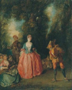 A fête galante : an elegant lady dancing with Pulcinella in a wooded landscape