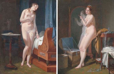 La Veille du Mariage : a nude woman standing by a bedridden man; and Le Lendemain du Mariage : a nude woman bedecked with jewels standing by a mirror