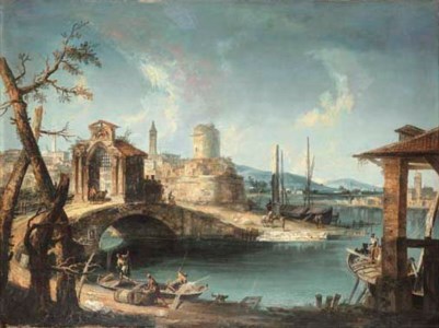 A capriccio of a Mediterranean coastal town with fishermen by a bridge